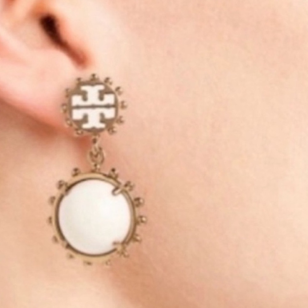 Tory Burch Gold  and white enamel logo drop Earrings